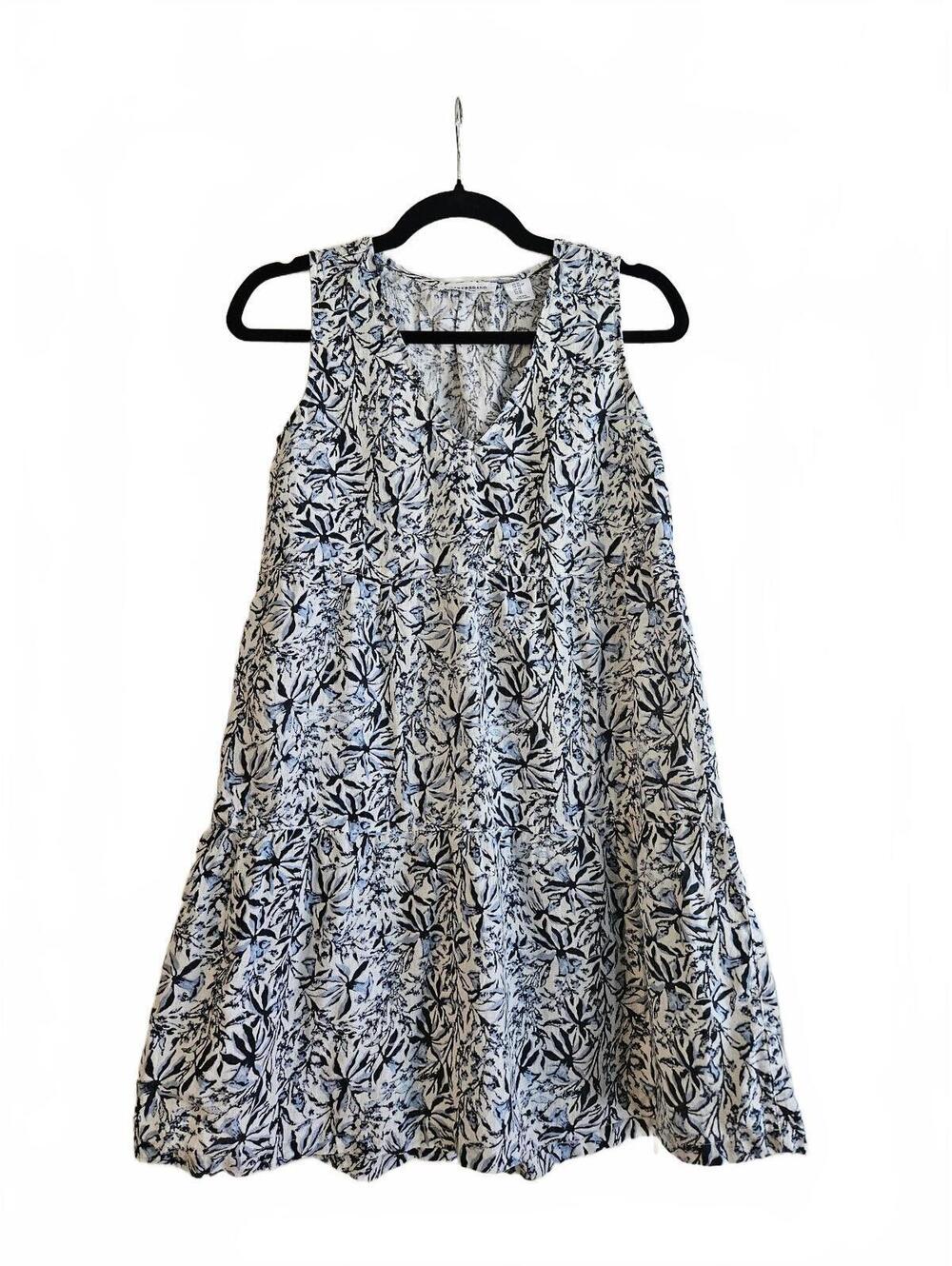 Lucky Brand 100% Linen Blue & White Sleeveless Tiered Babydoll Mini Dress-XS